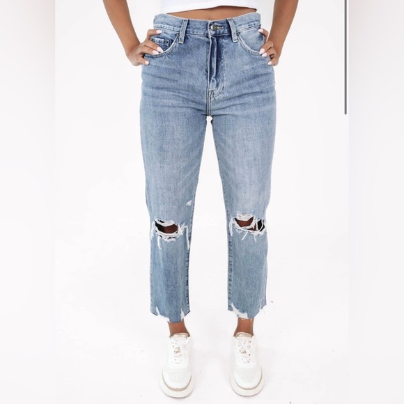 pistola Denim - Pistola High Rise Blue Distressed Straight Leg Jeans with Classic Medium Wash 28